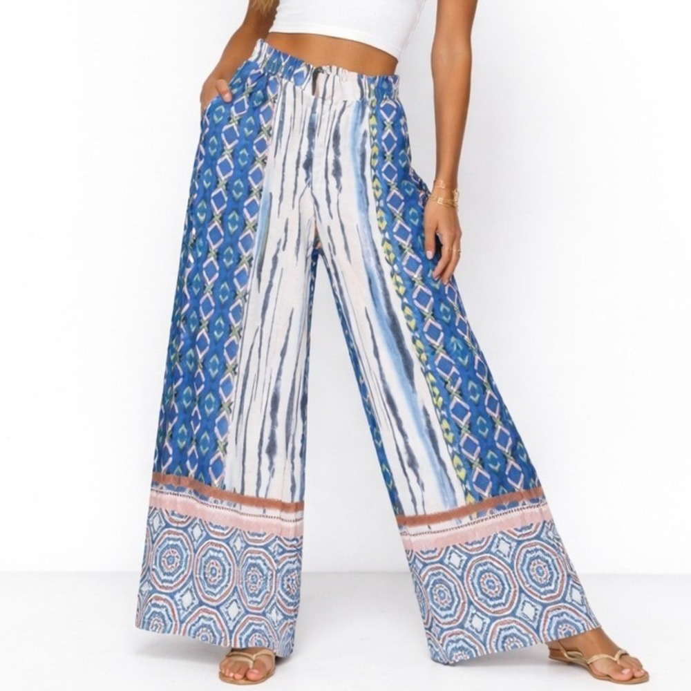 Choklate Paris Wide Leg Pants Women XL Blue Boho Resortwear Eclectic Palazzo